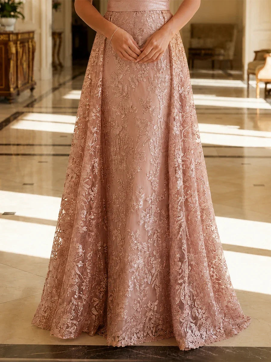 Women?ˉs Off Shoulder Floral Lace A-Line Evening Gown for Wedding Guest