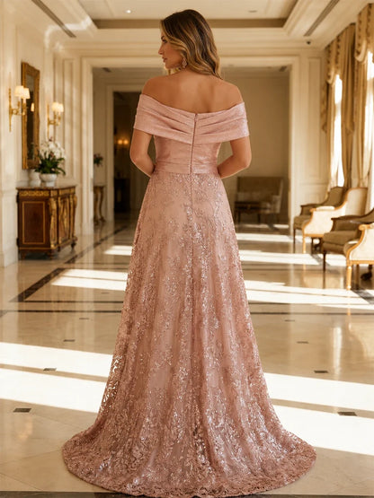 Women?ˉs Off Shoulder Floral Lace A-Line Evening Gown for Wedding Guest