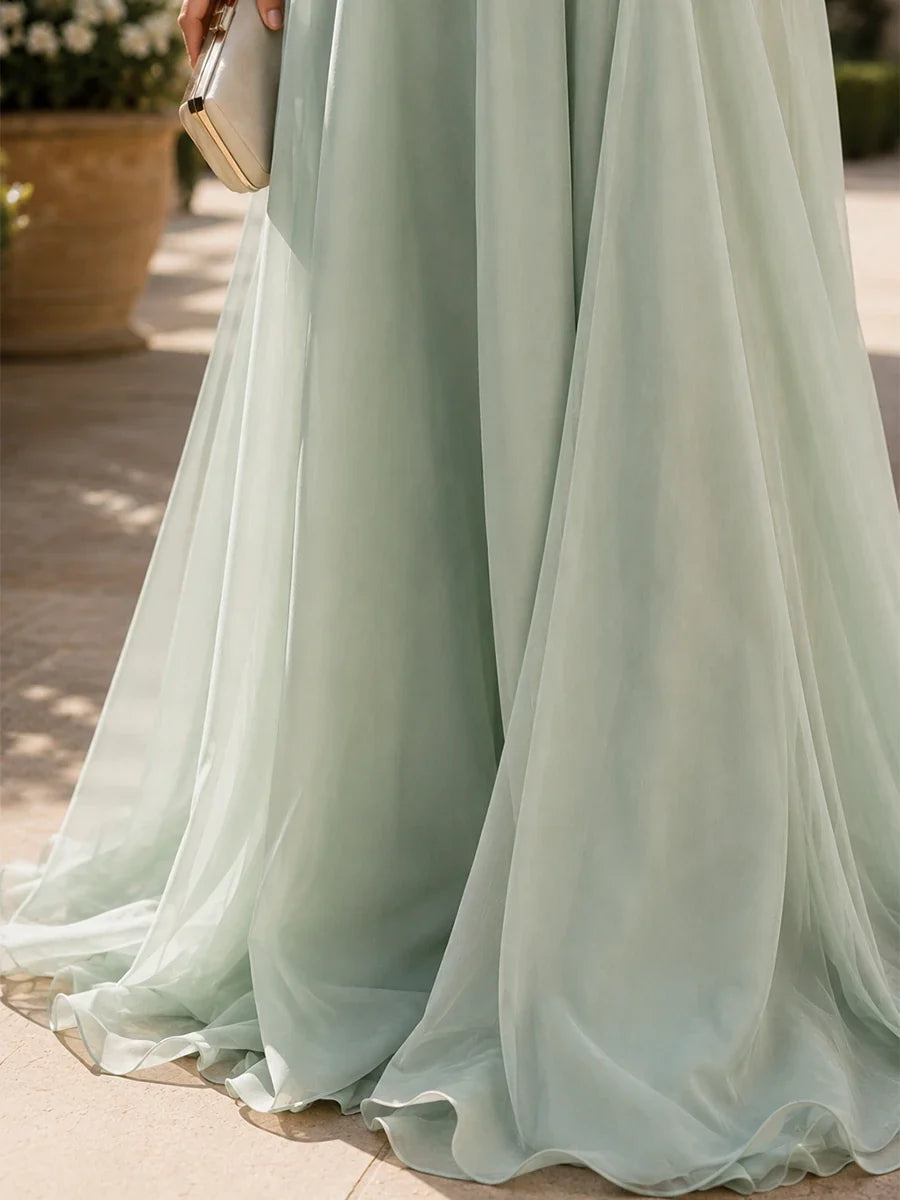 V Neck Cap Sleeve A-Line Floor-Length Satin Bridesmaid Dress