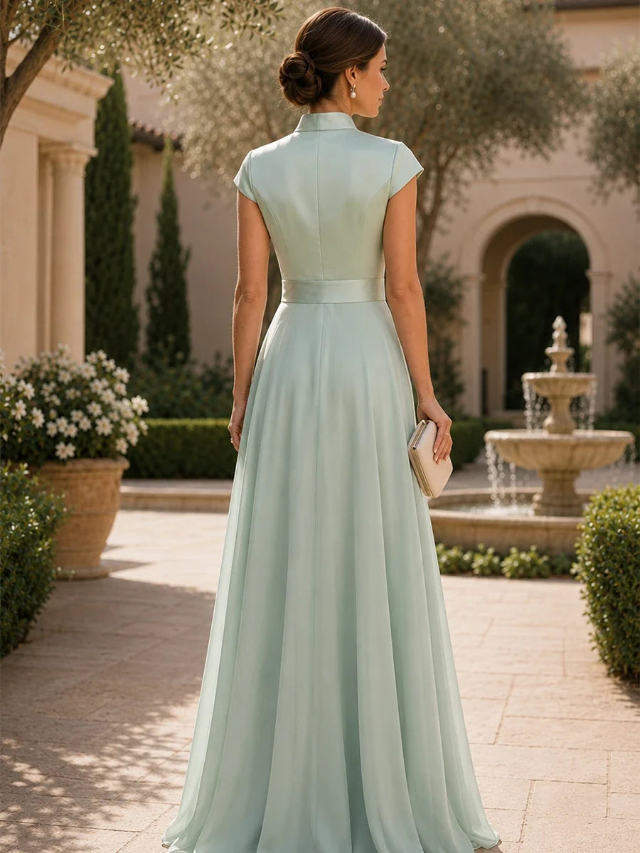 V Neck Cap Sleeve A-Line Floor-Length Satin Bridesmaid Dress