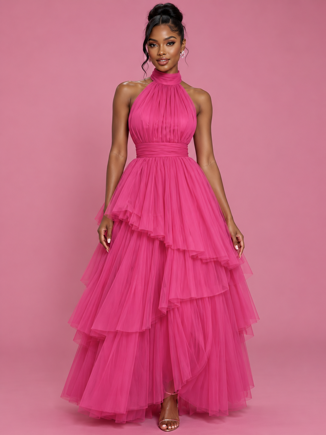 Hot Pink Tulle Halter Neck Tiered Ruffle Maxi Dress