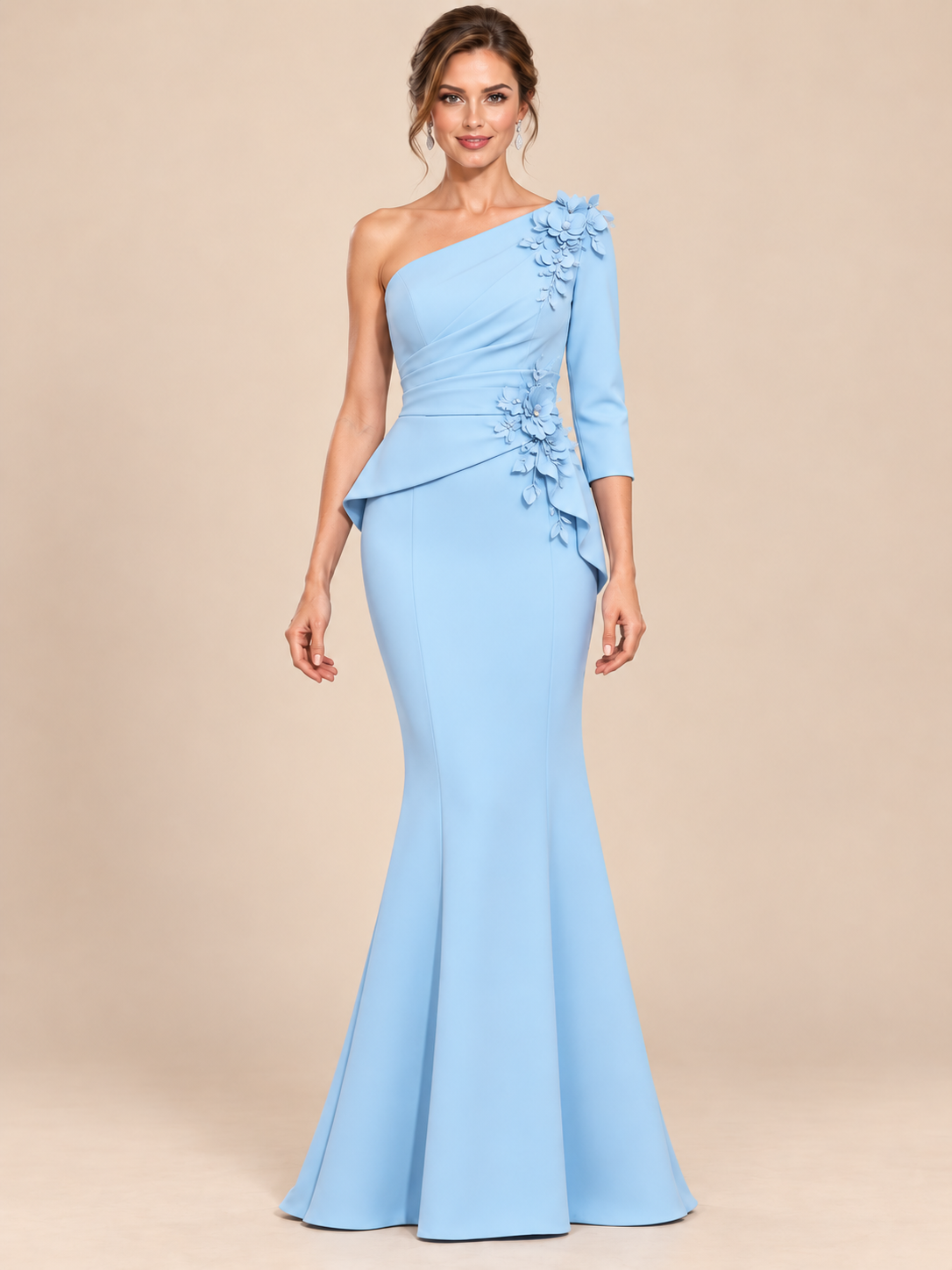 Light Blue One Shoulder Mermaid Mother of the Bride Dress with 3D Floral Applique