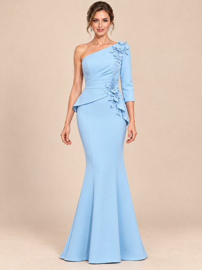 Light Blue One Shoulder Mermaid Mother of the Bride Dress with 3D Floral Applique