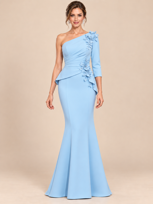 Light Blue One Shoulder Mermaid Mother of the Bride Dress with 3D Floral Applique