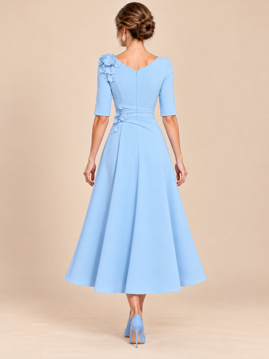 Light Blue Boat Neck A Line Mother of the Bride Midi Dress with Sleeves and 3D Floral Applique