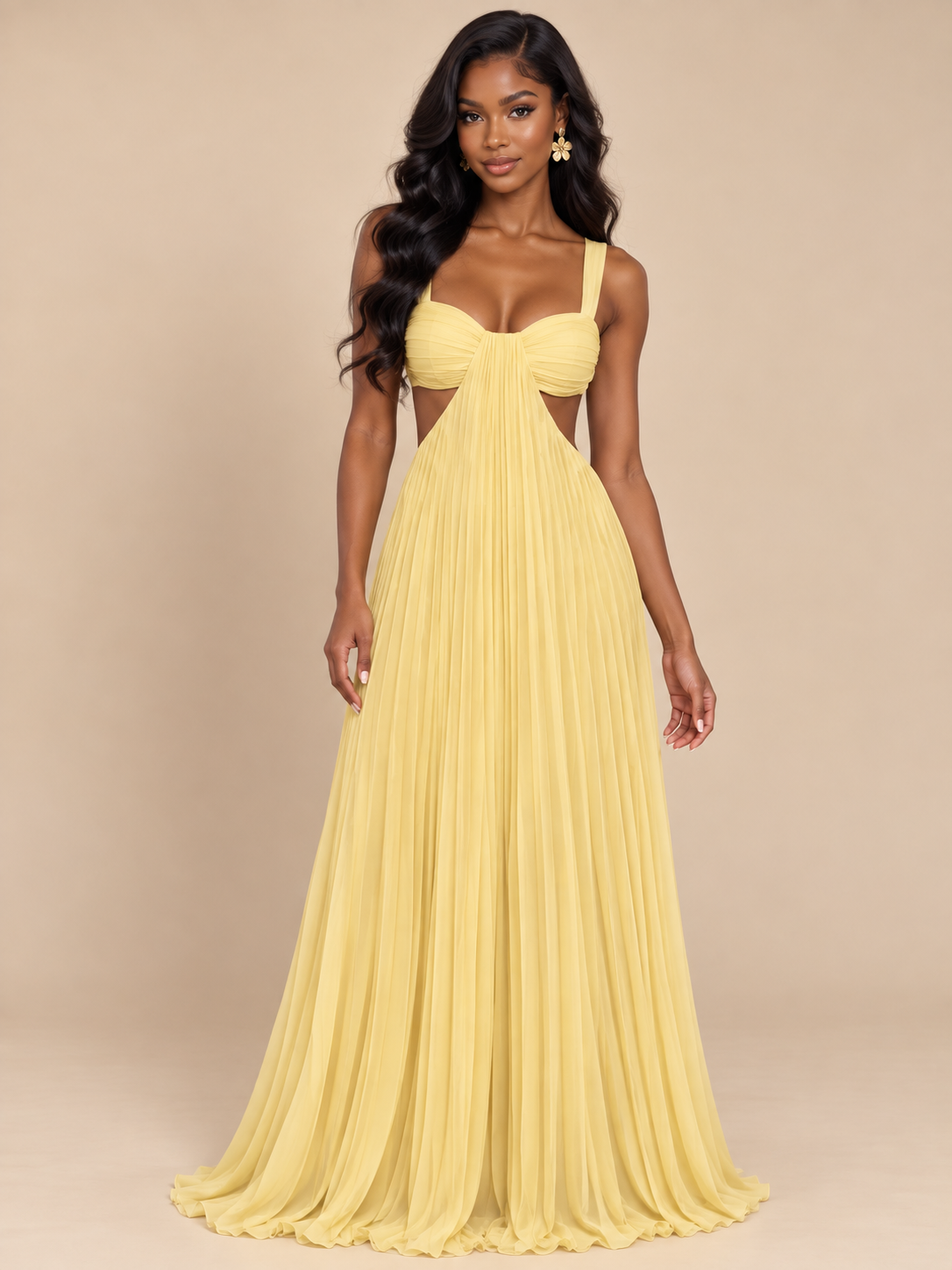 Butter Yellow Pleated Cutout Maxi Dress