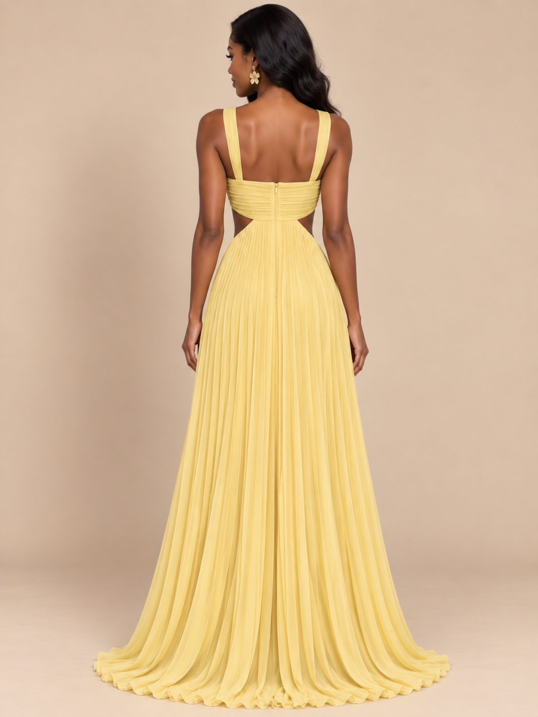 Butter Yellow Pleated Cutout Maxi Dress
