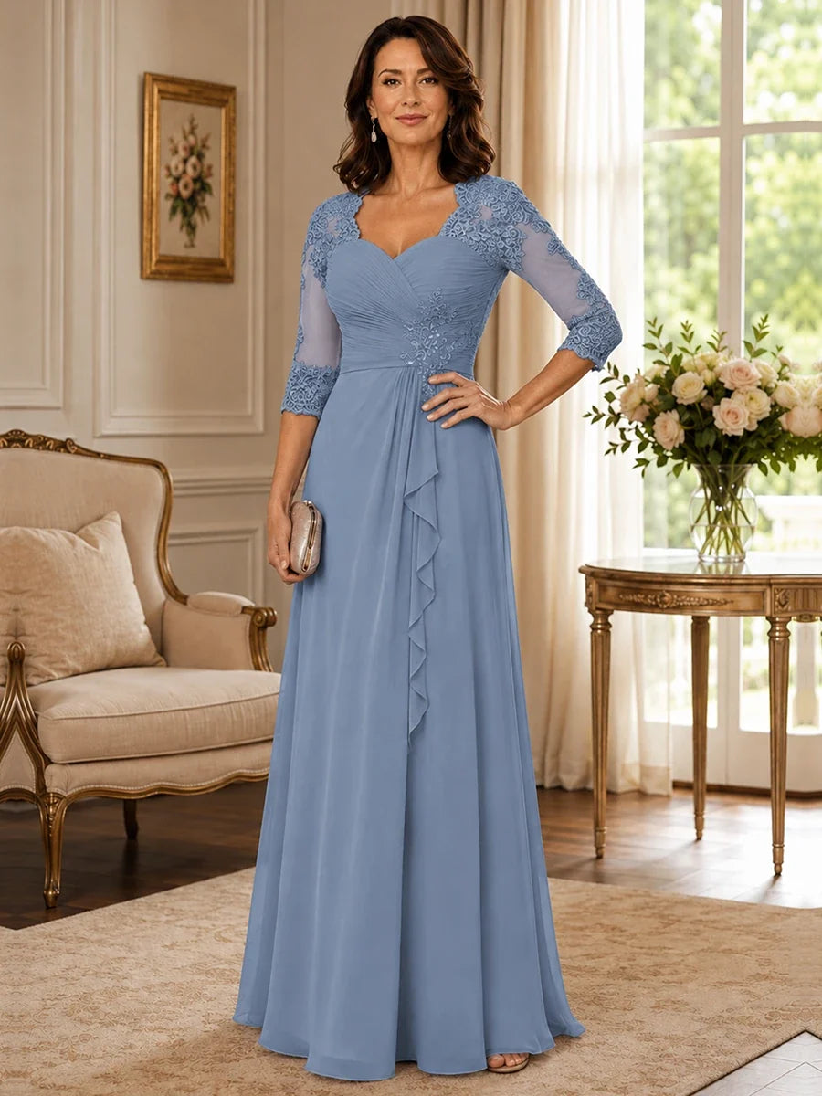 Chiffon Lace Applique Mother of the Bride Dress with 3/4 Sleeves