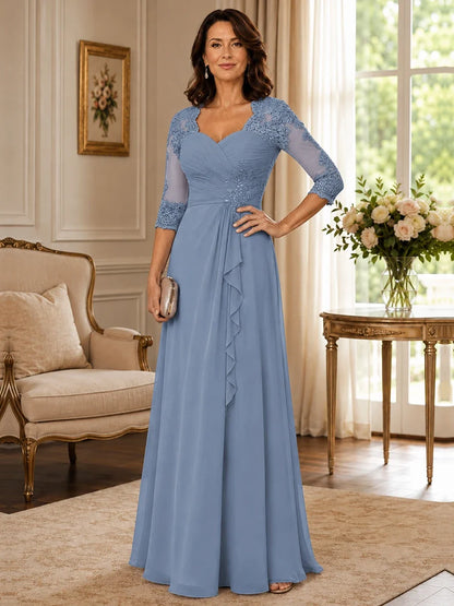 Chiffon Lace Applique Mother of the Bride Dress with 3/4 Sleeves