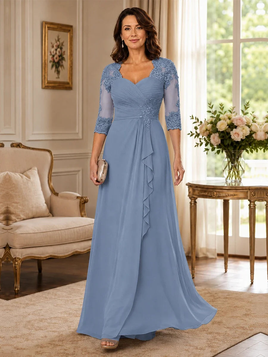 Chiffon Lace Applique Mother of the Bride Dress with 3/4 Sleeves
