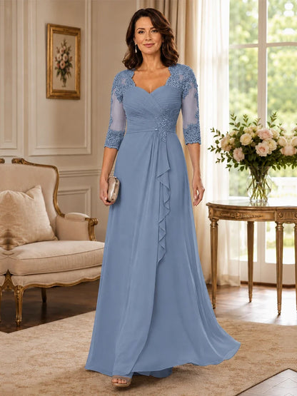 Chiffon Lace Applique Mother of the Bride Dress with 3/4 Sleeves