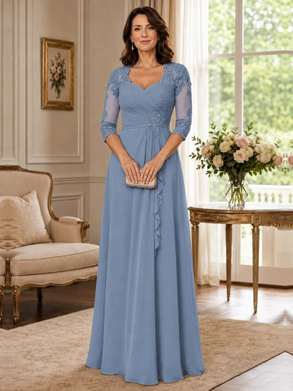 Chiffon Lace Applique Mother of the Bride Dress with 3/4 Sleeves