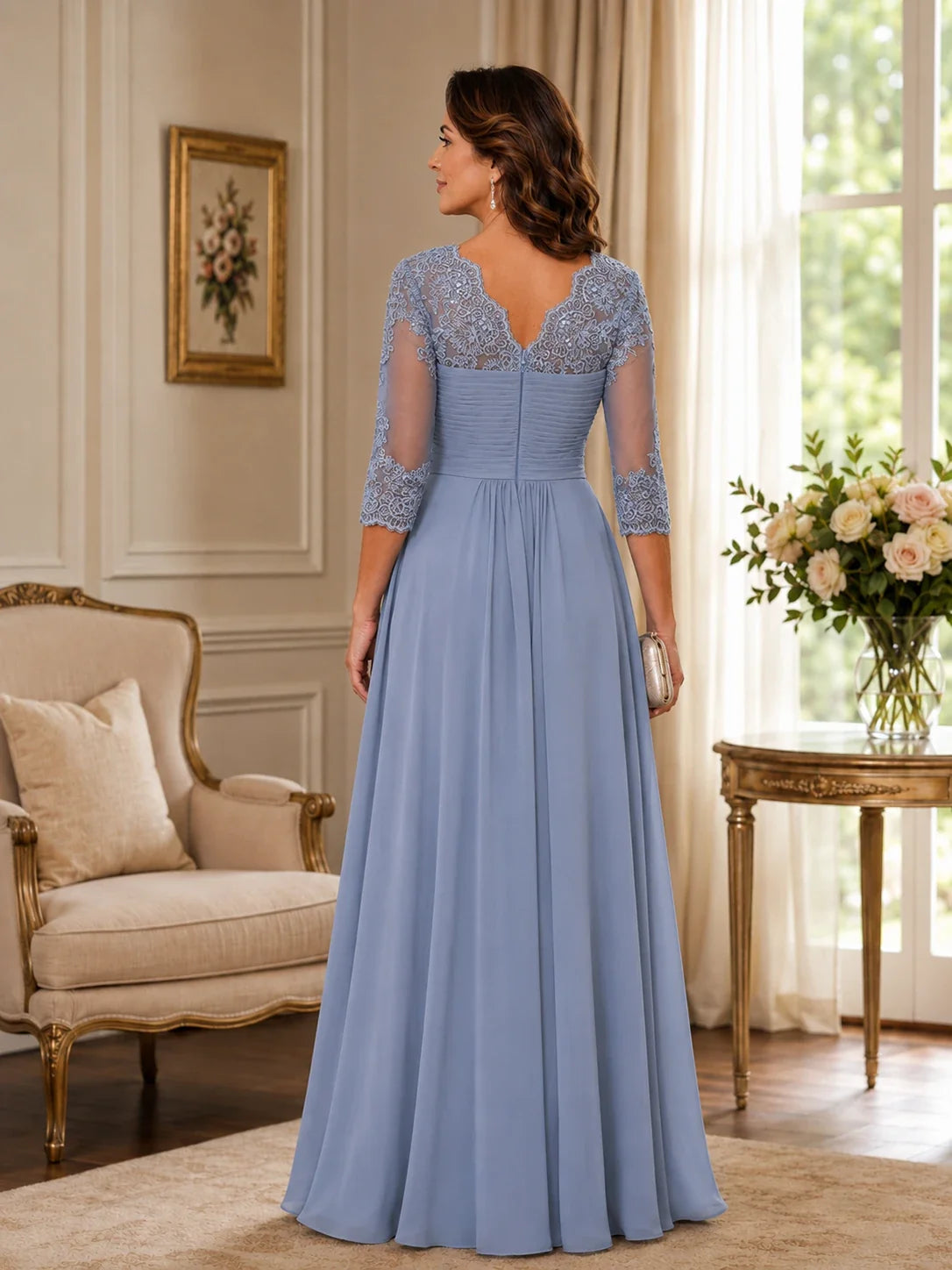 Chiffon Lace Applique Mother of the Bride Dress with 3/4 Sleeves