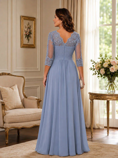 Chiffon Lace Applique Mother of the Bride Dress with 3/4 Sleeves