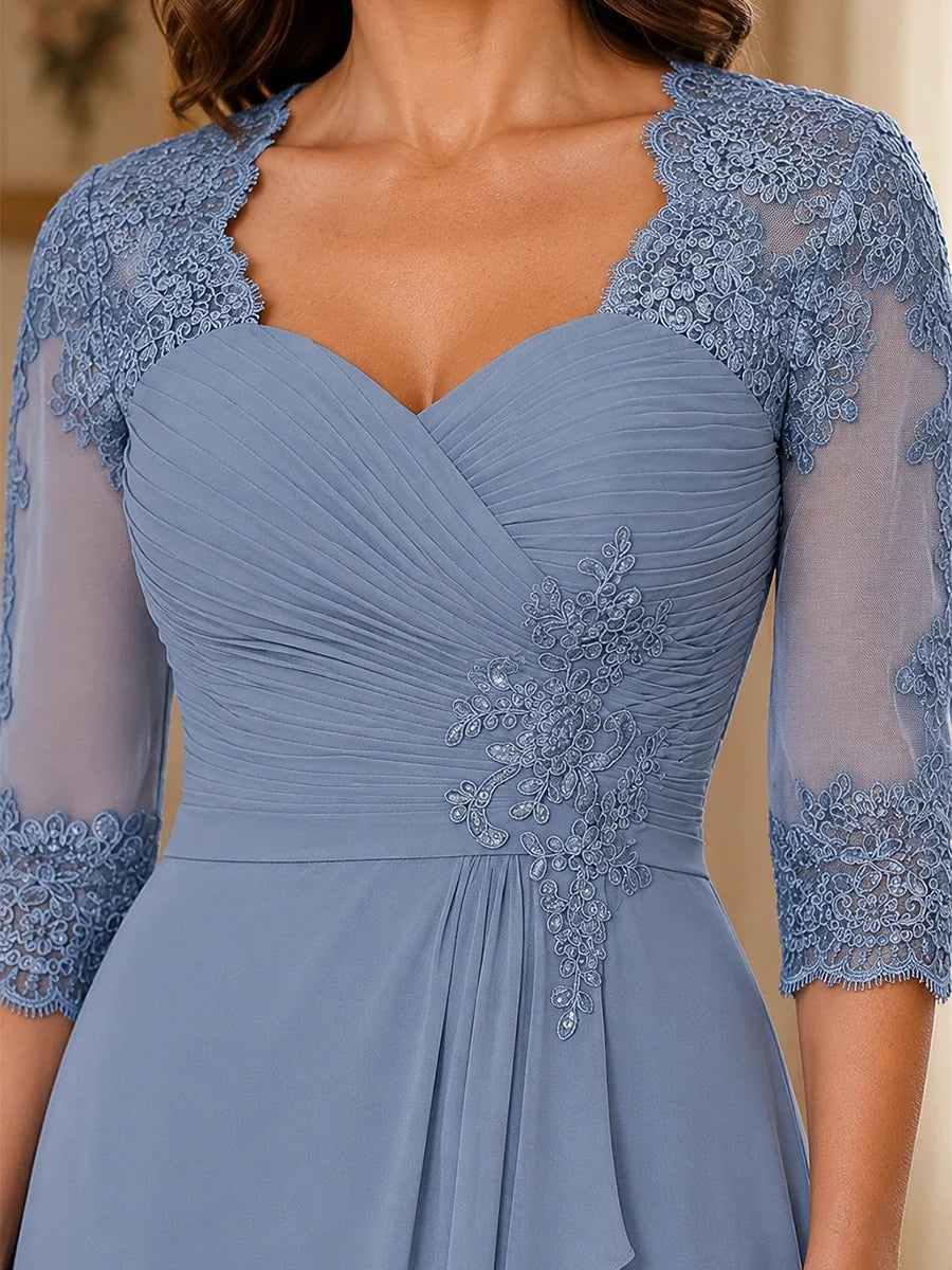 Chiffon Lace Applique Mother of the Bride Dress with 3/4 Sleeves