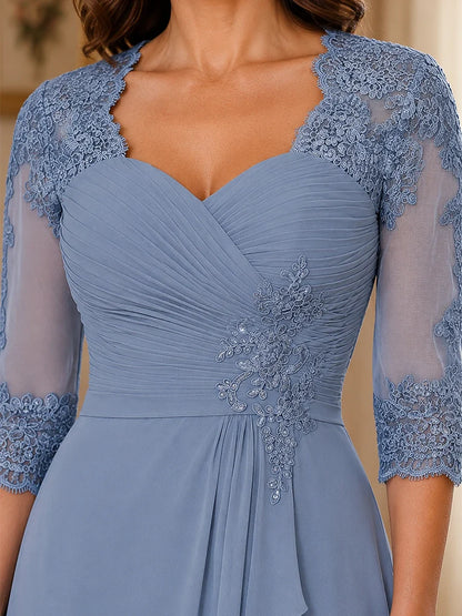Chiffon Lace Applique Mother of the Bride Dress with 3/4 Sleeves