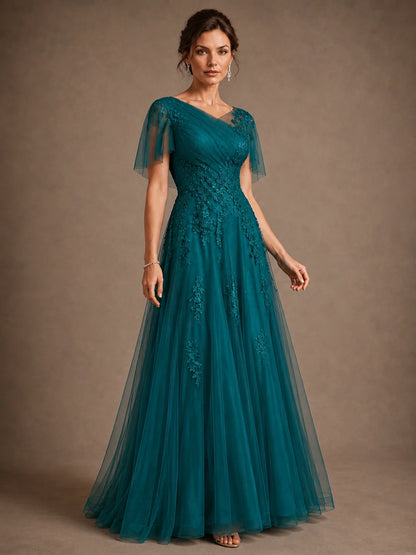 Chiffon Lace Mother of the Bride Dress with Flutter Sleeves