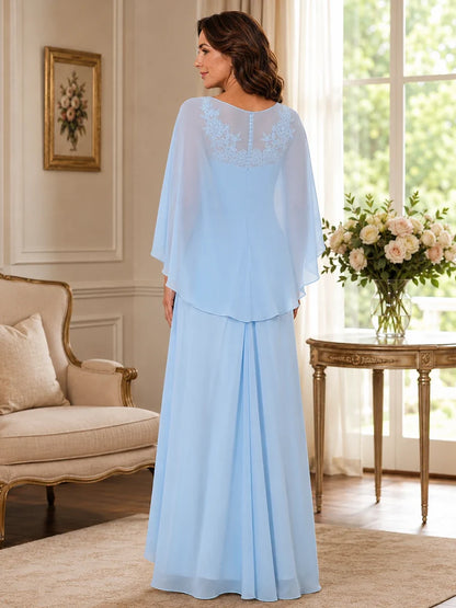 Elegant Chiffon Mother of the Bride Dress with Lace Applique and Cape Sleeves