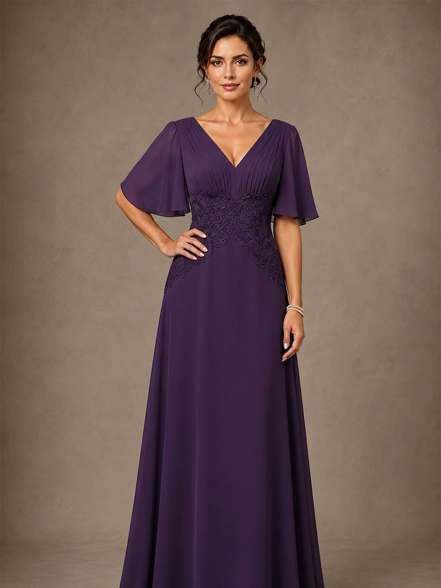 V-Neck Chiffon Mother of the Bride Dress with Applique
