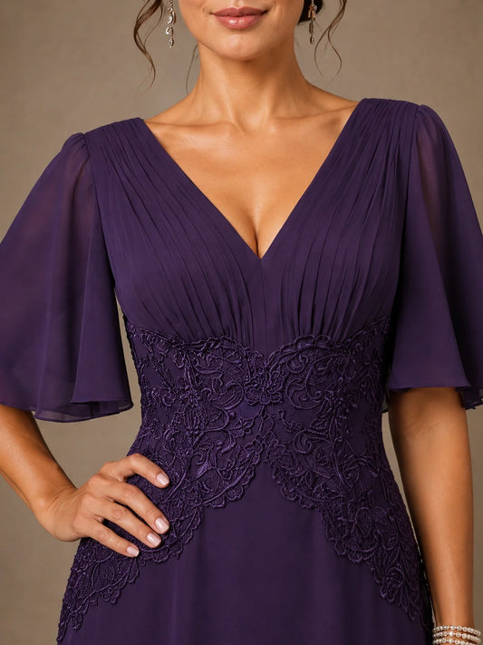 V-Neck Chiffon Mother of the Bride Dress with Applique