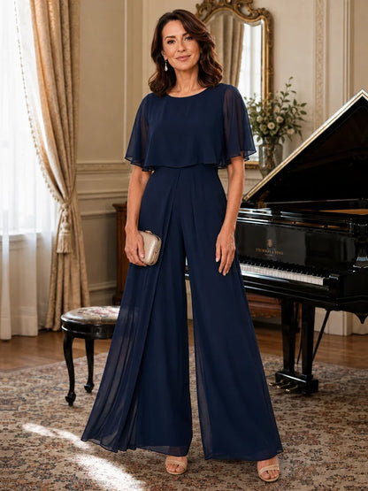Chiffon Mother of the Bride Jumpsuit with Layered Cape Sleeves