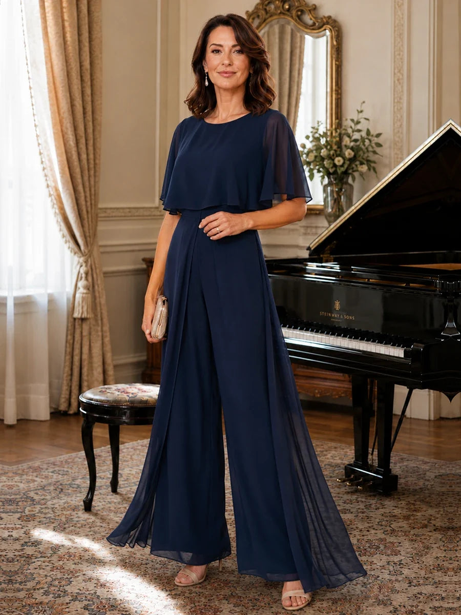 Chiffon Mother of the Bride Jumpsuit with Layered Cape Sleeves