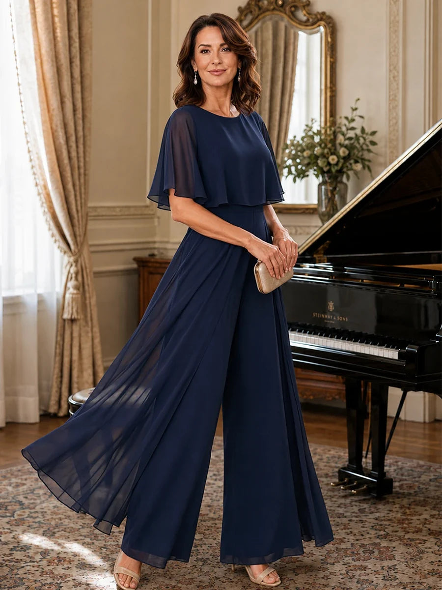 Chiffon Mother of the Bride Jumpsuit with Layered Cape Sleeves