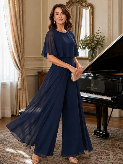 Chiffon Mother of the Bride Jumpsuit with Layered Cape Sleeves