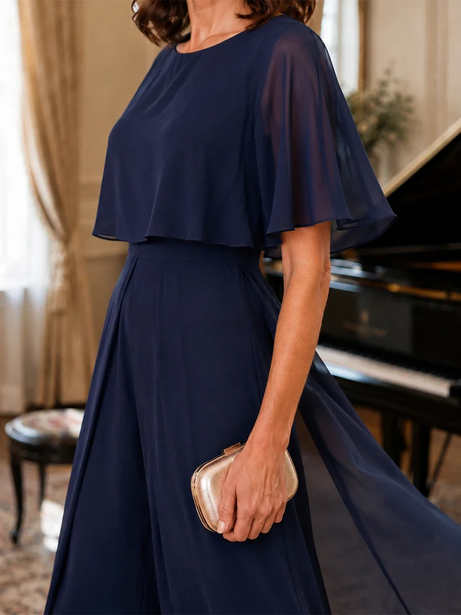 Chiffon Mother of the Bride Jumpsuit with Layered Cape Sleeves