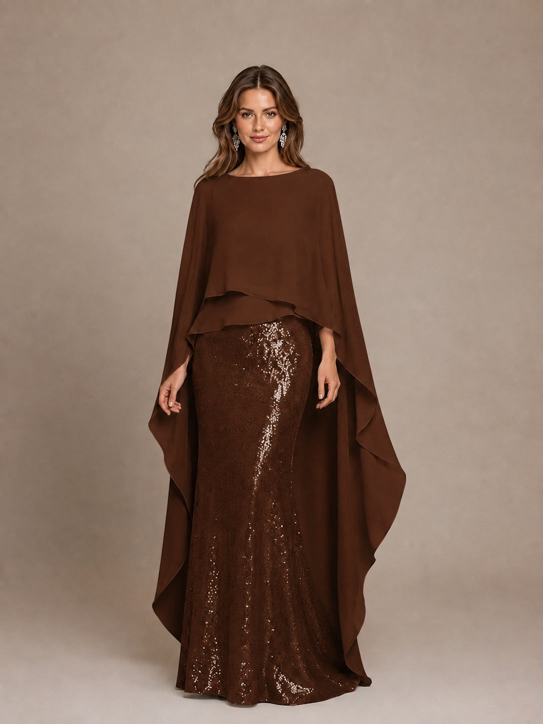 Sage Green Sequin Cape Sleeve Mother of the Bride Gown