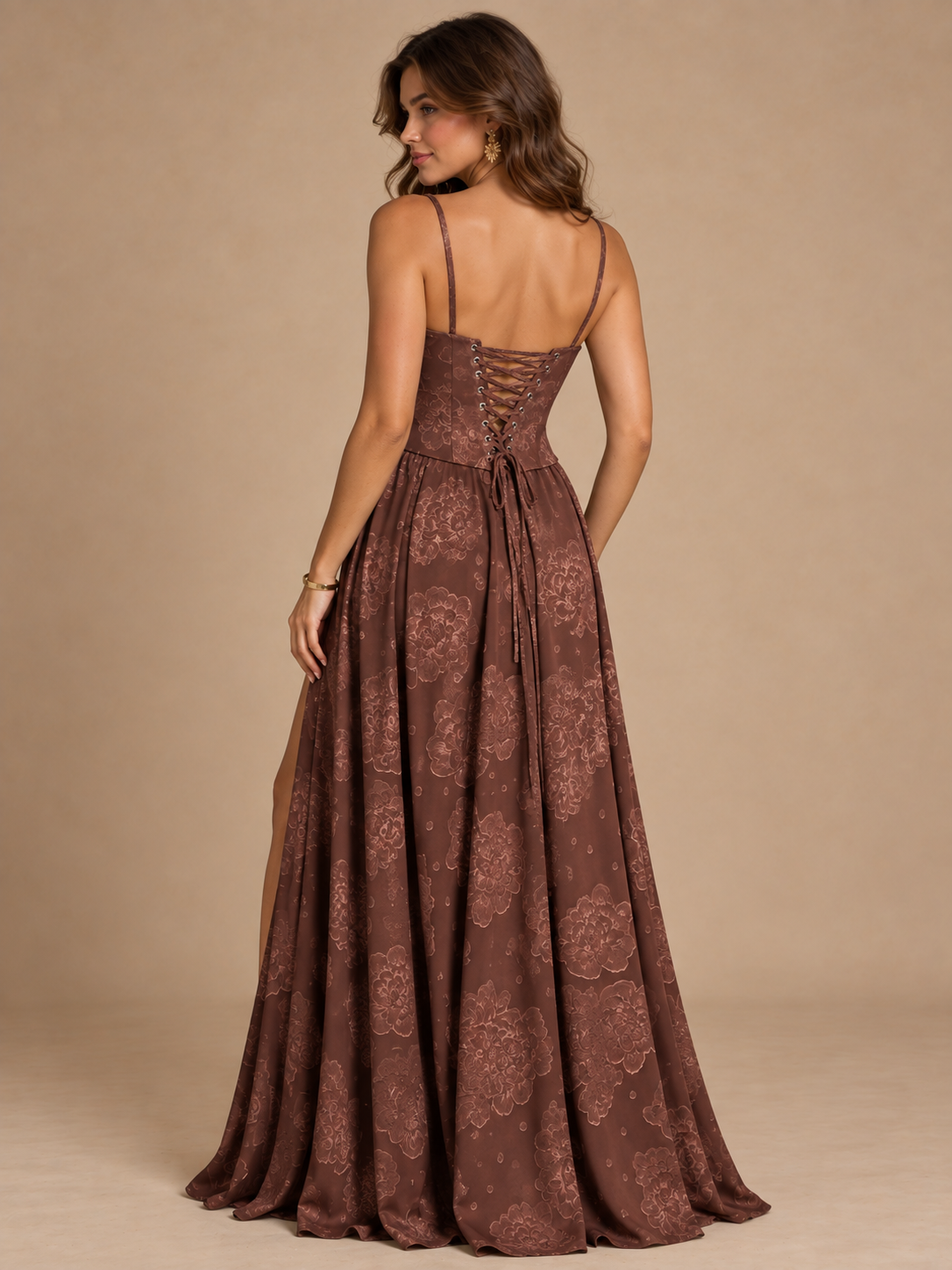 Chocolate Brown Floral Strapless Corset A-Line Evening Gown with Slit