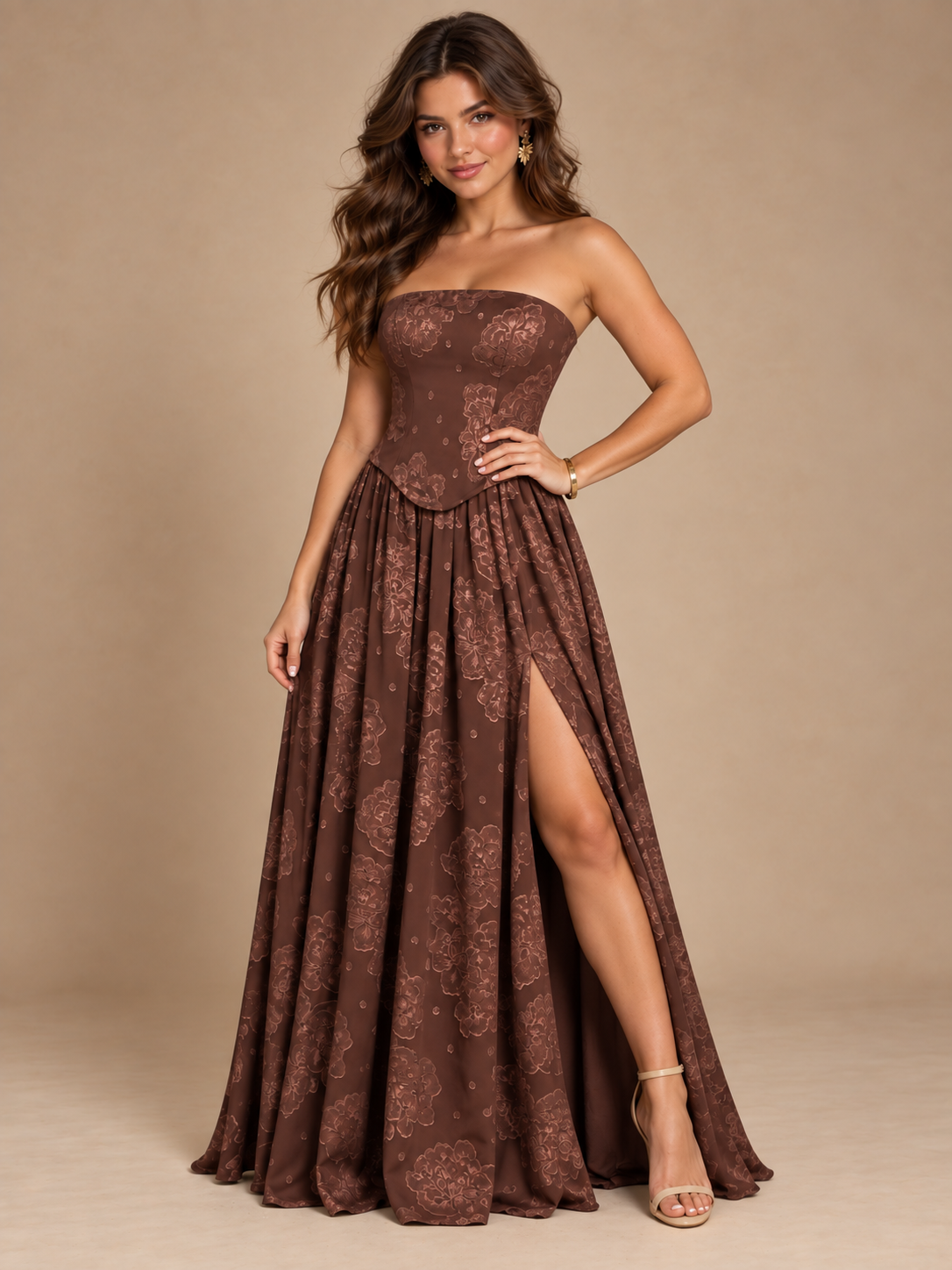 Chocolate Brown Floral Strapless Corset A-Line Evening Gown with Slit