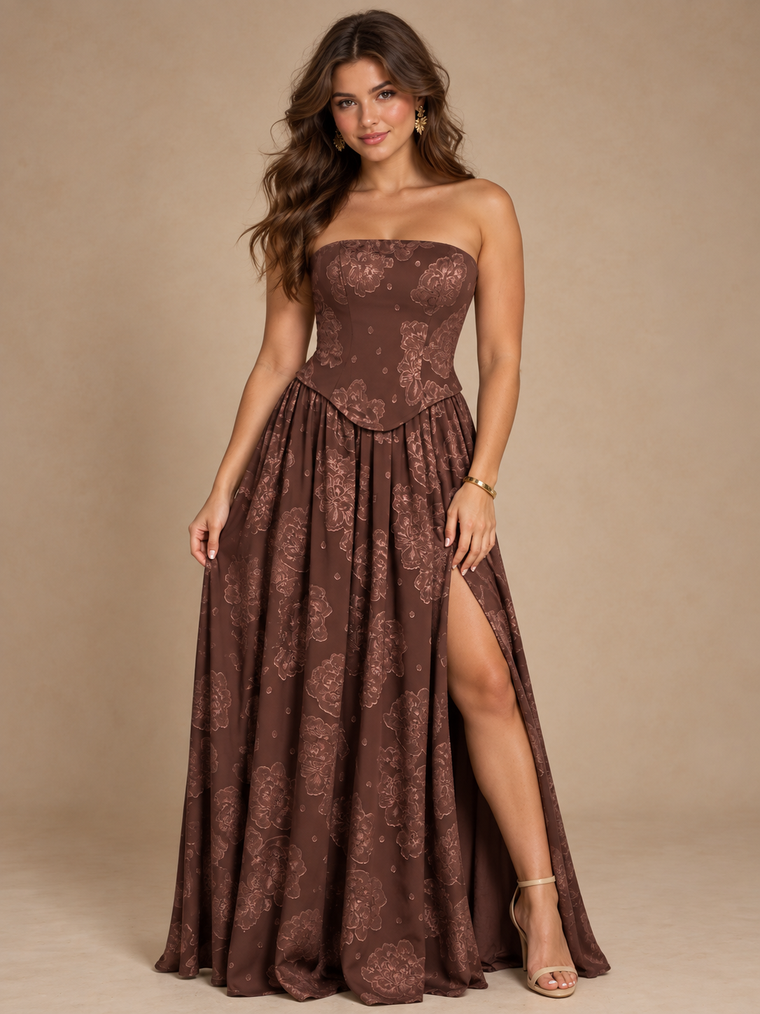 Chocolate Brown Floral Strapless Corset A-Line Evening Gown with Slit