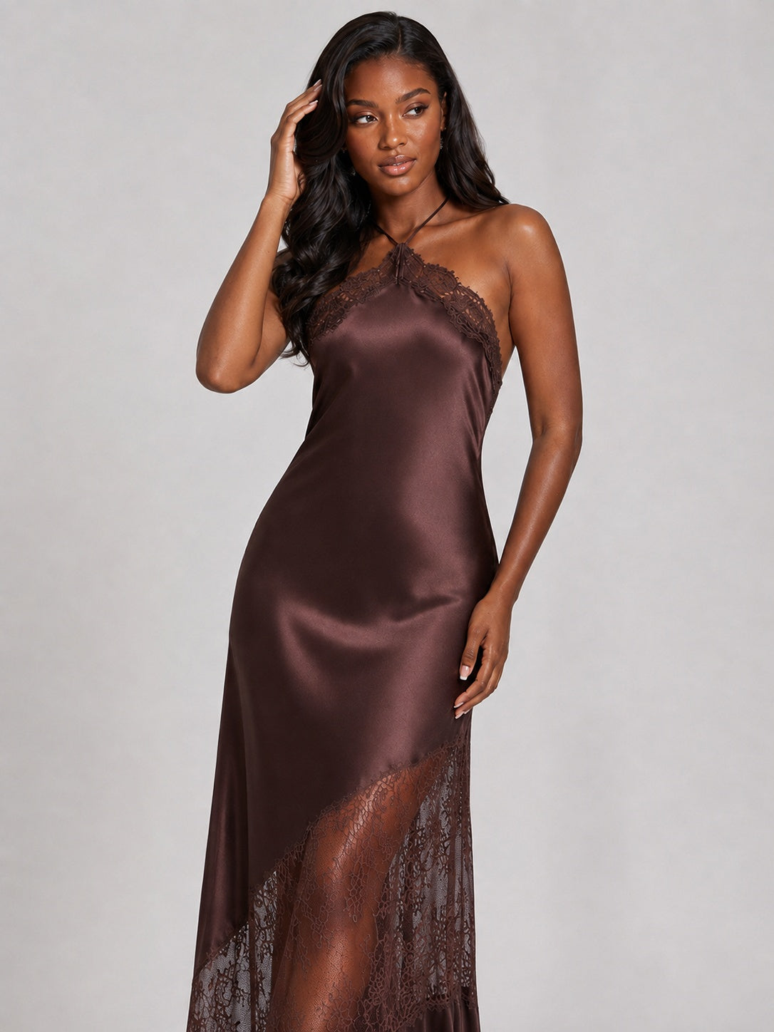 Chocolate Brown Satin Halter Prom Dress with Lace Trim