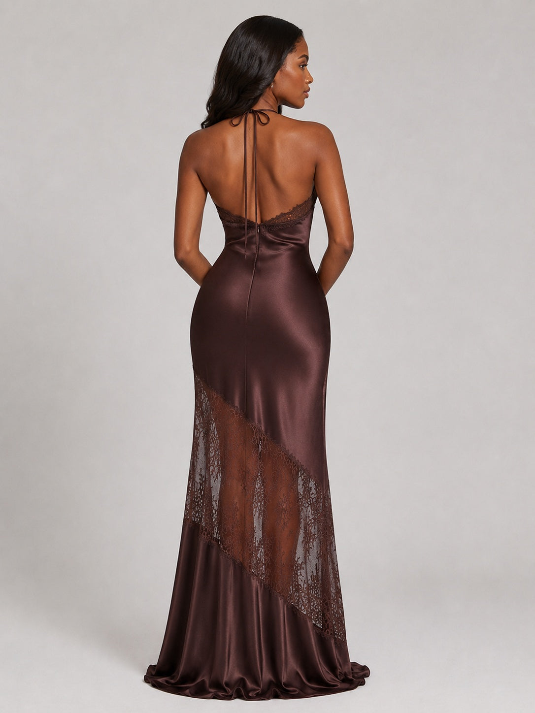 Chocolate Brown Satin Halter Prom Dress with Lace Trim