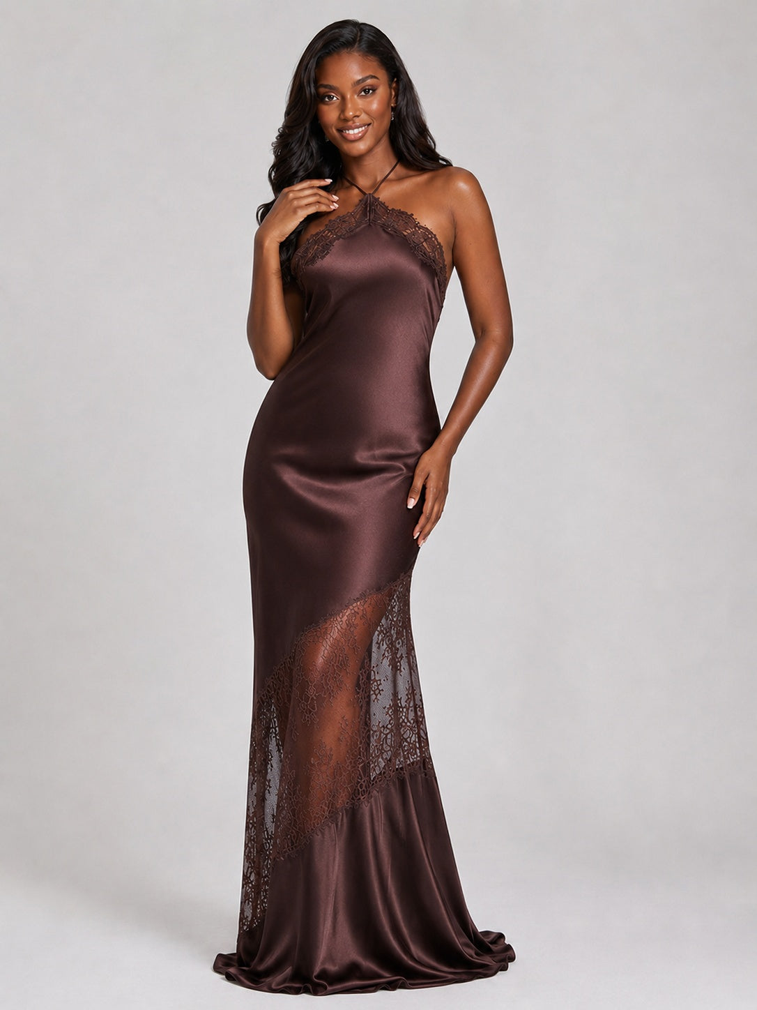 Chocolate Brown Satin Halter Prom Dress with Lace Trim