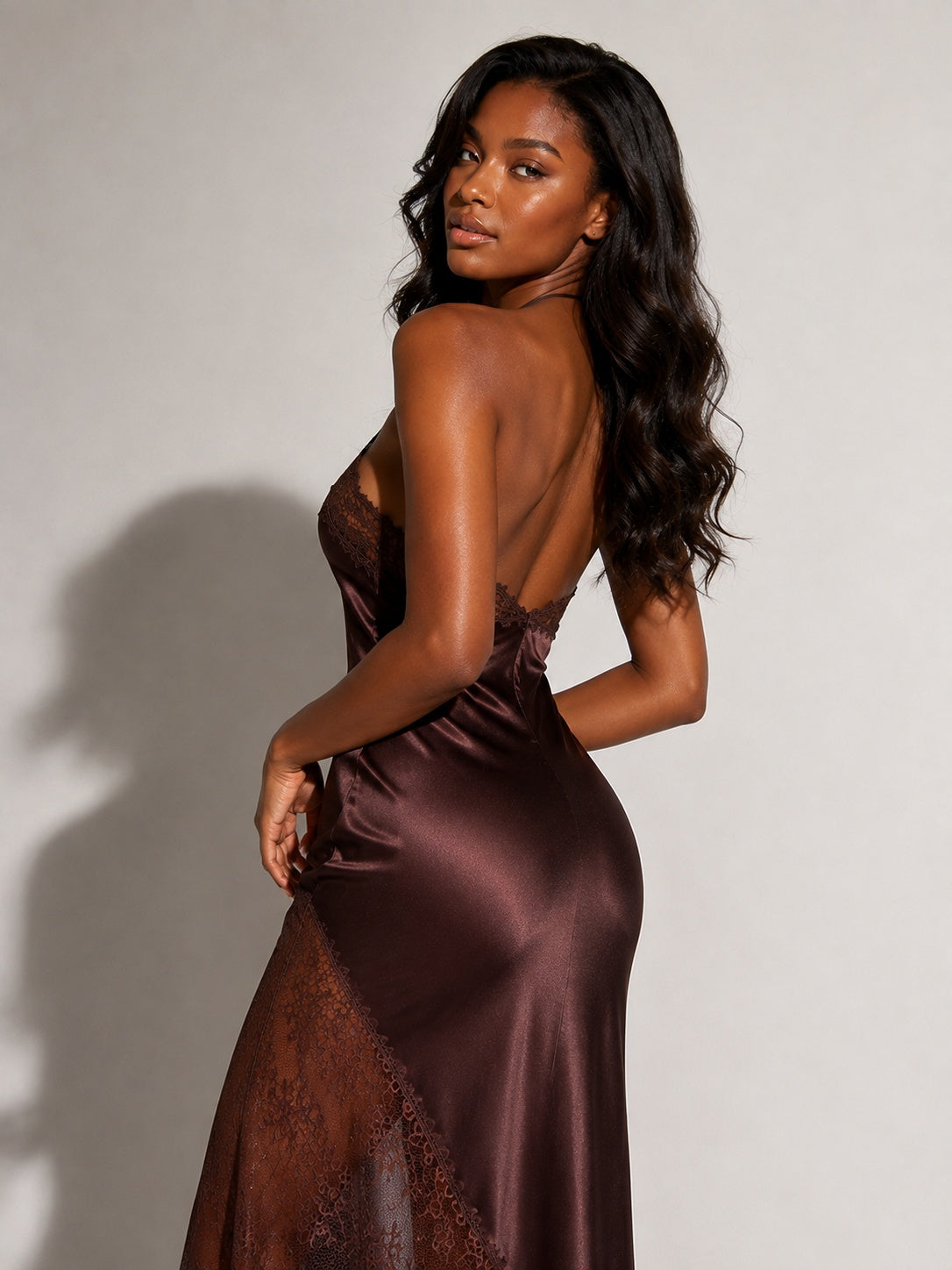 Chocolate Brown Satin Halter Prom Dress with Lace Trim