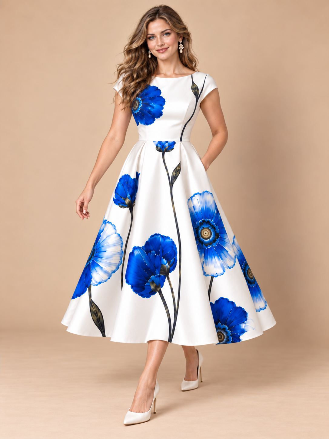 Blue Floral Print Fit-and-Flare Midi Dress with Pockets