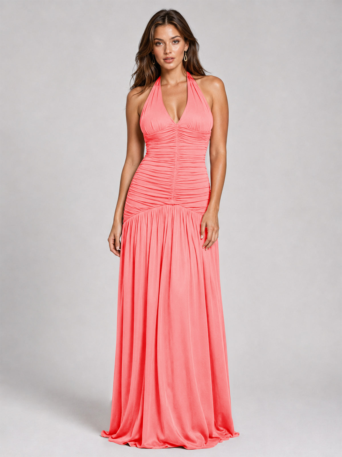 Burnt Orange Ruched Halter Drop-Waist Prom Dress