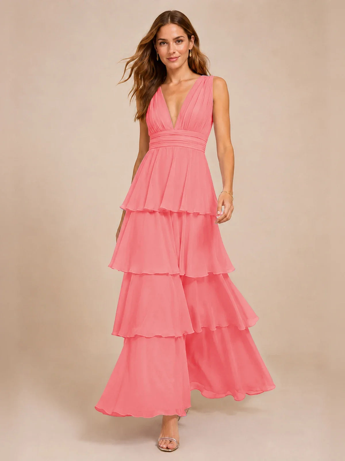 Elegant Deep V Neck Chiffon Bridesmaid Dress with Tiered Ruffles