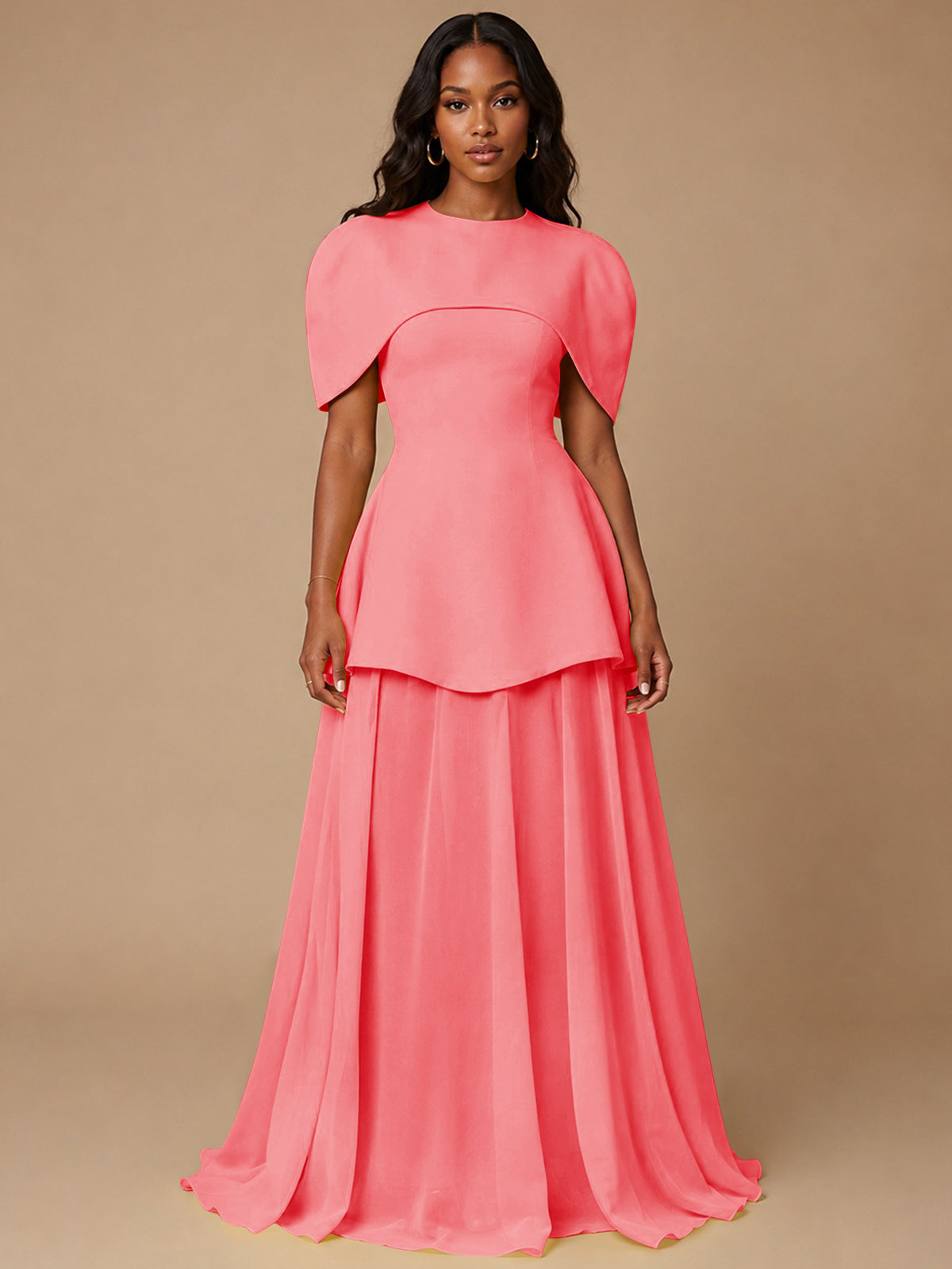 Yellow Cape Sleeve Peplum Maxi Dress