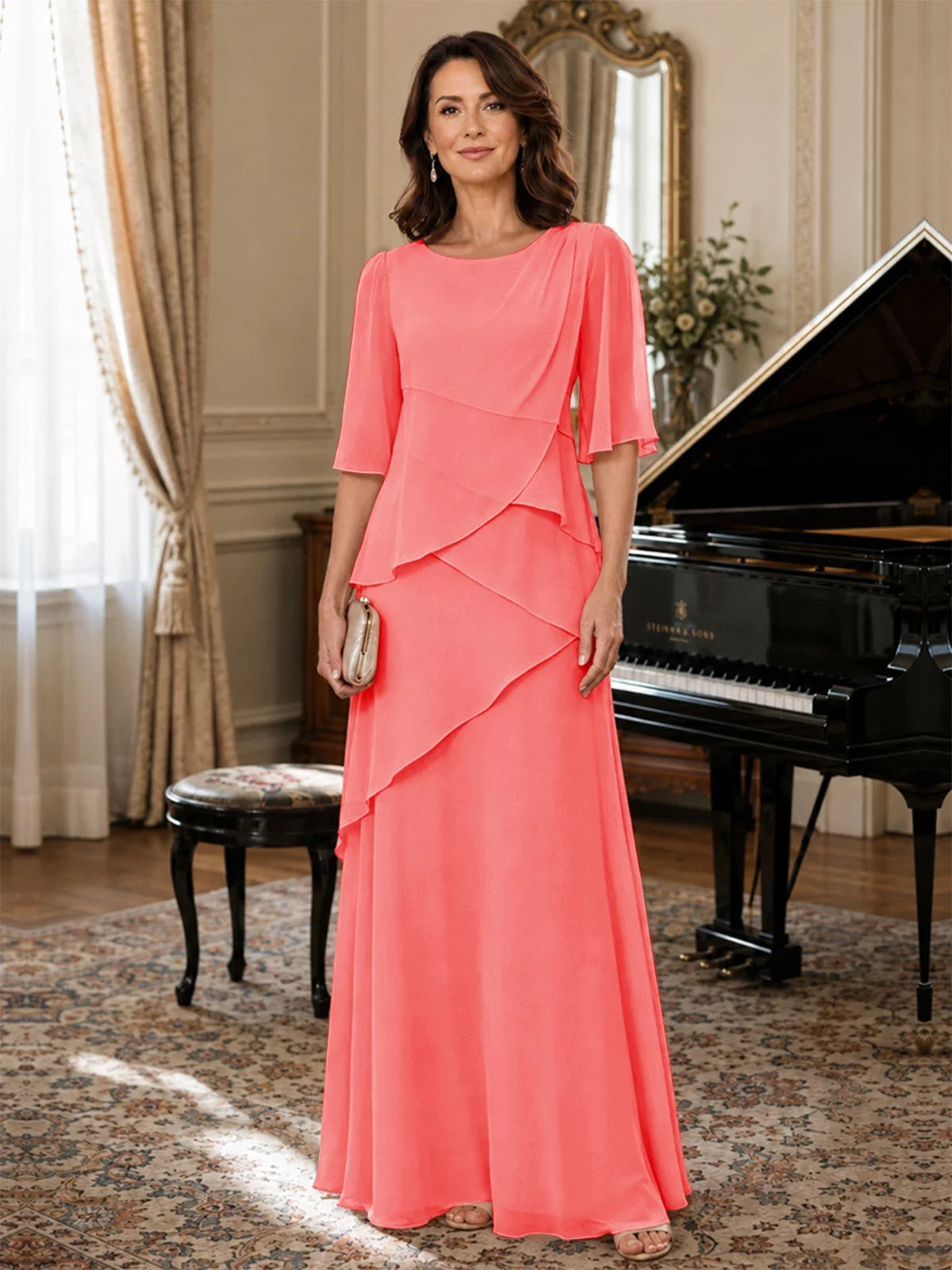 Asymmetric Draped Chiffon Mother of the Bride Dress with Flutter Sleeves