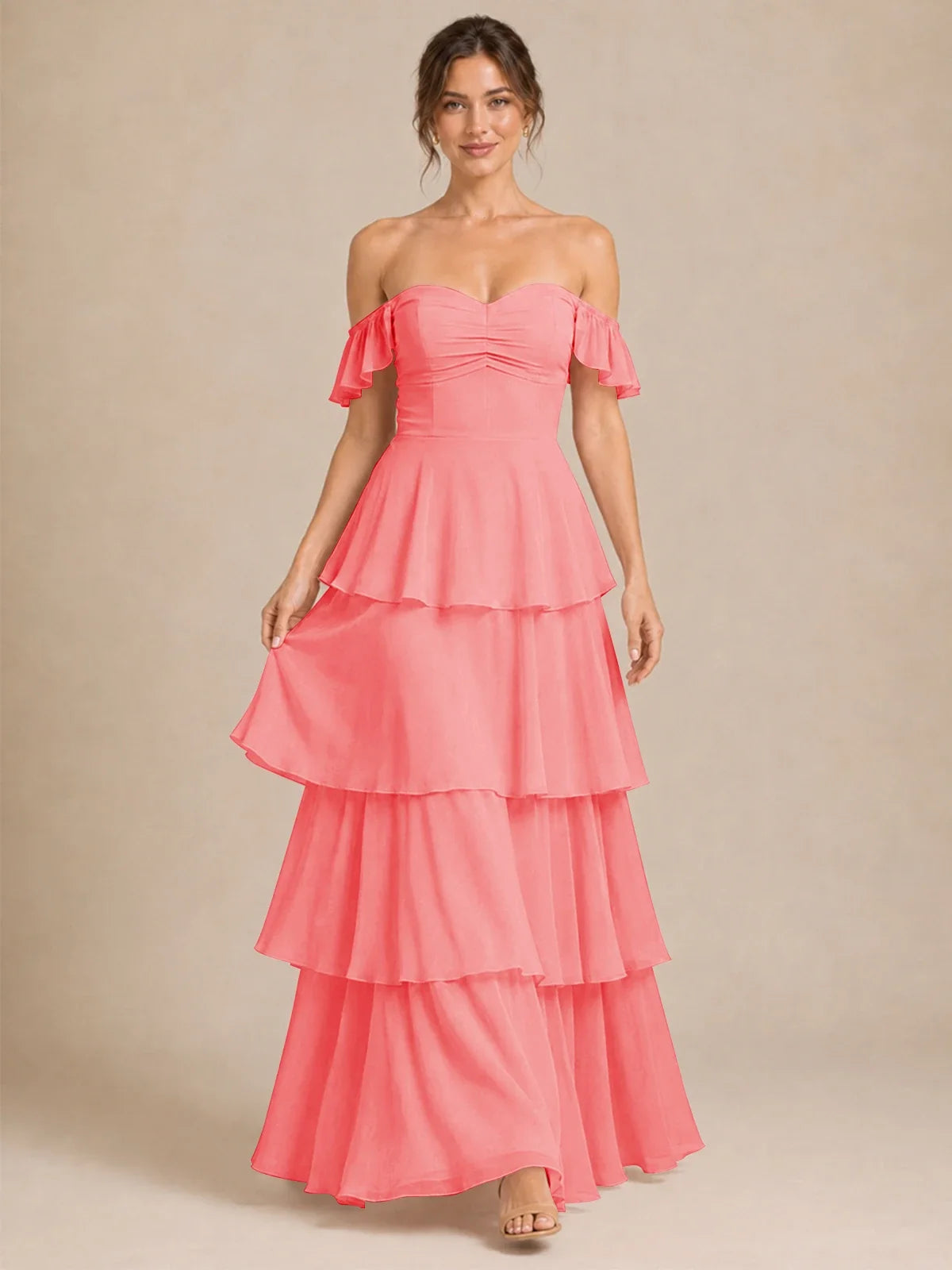 Off Shoulder Tiered Chiffon A-Line Bridesmaid Dress