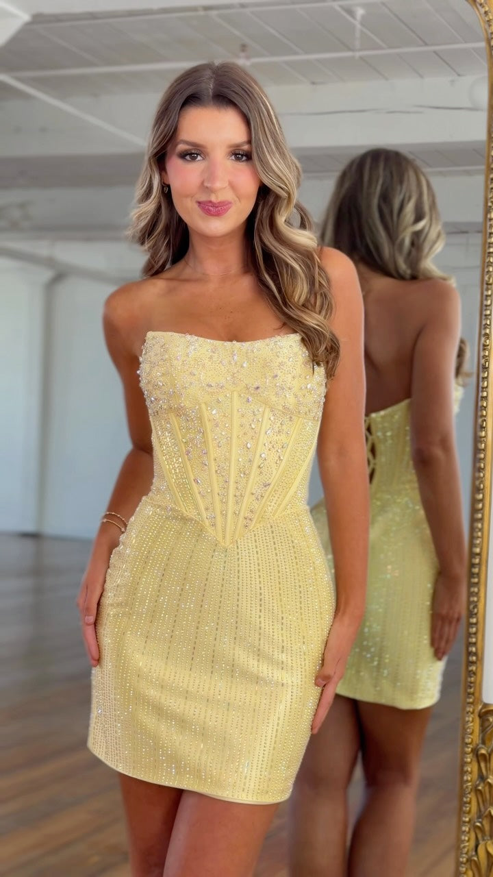 Yellow strapless crystal sequin boned corset bodycon homecoming dress - front view