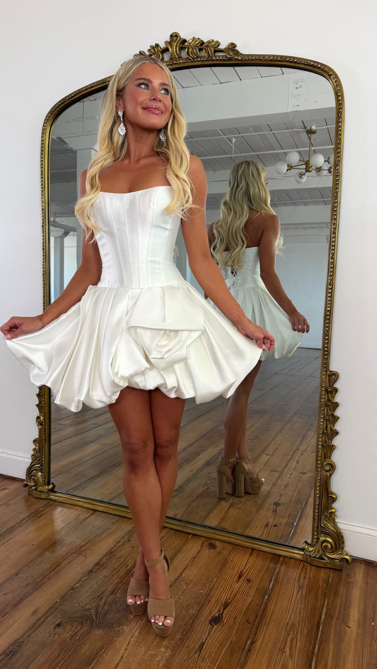 White spaghetti strap boned corset bubble skirt homecoming dress - front view