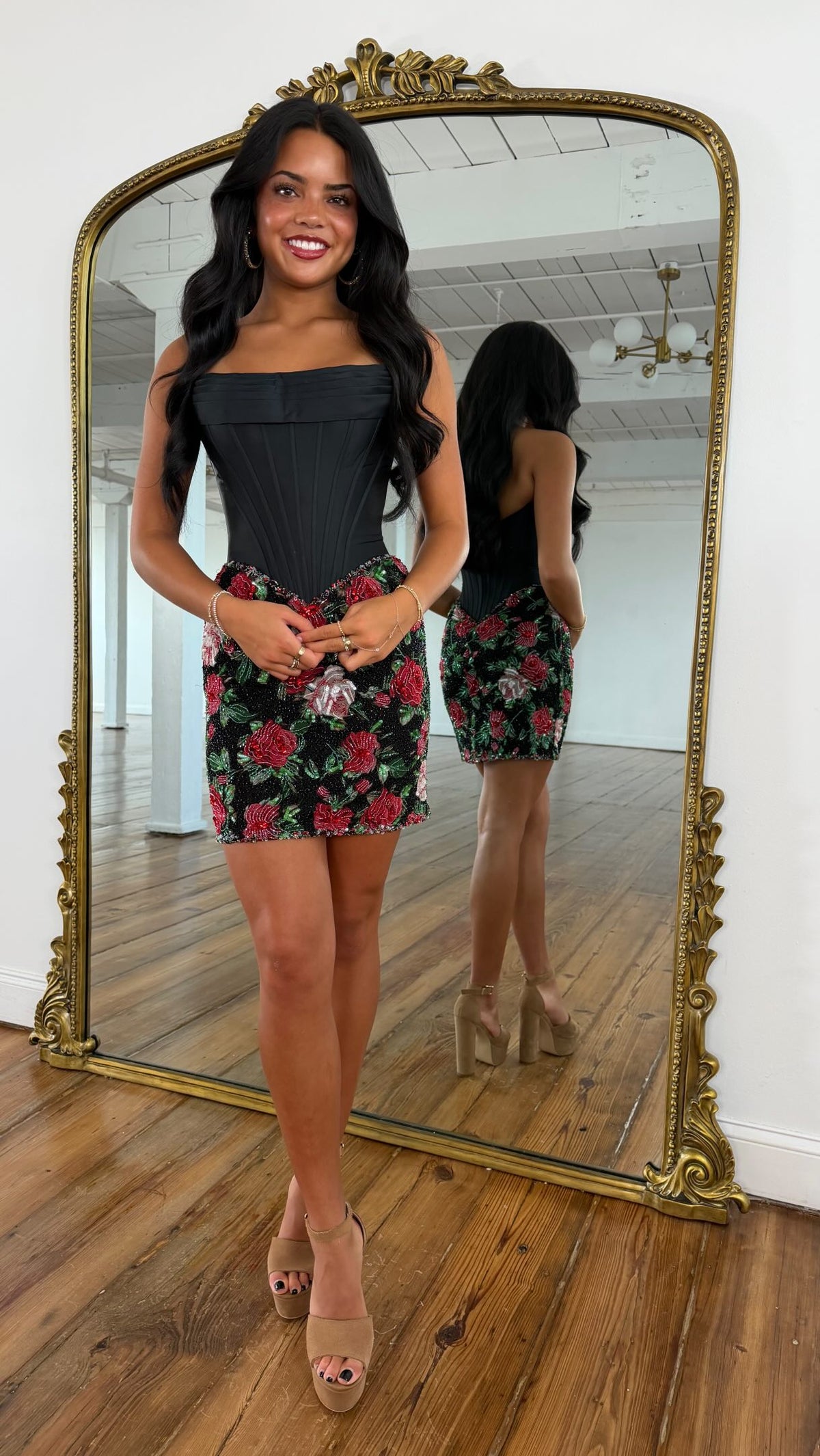 Black spaghetti strap boned corset rose floral sequin embroidered mini homecoming dress - front view