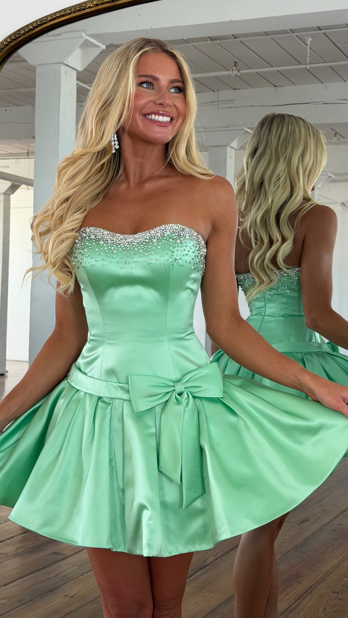 Mint Green Pearl Beaded Corset Bow Mini Homecoming Dress HC196 - Front View