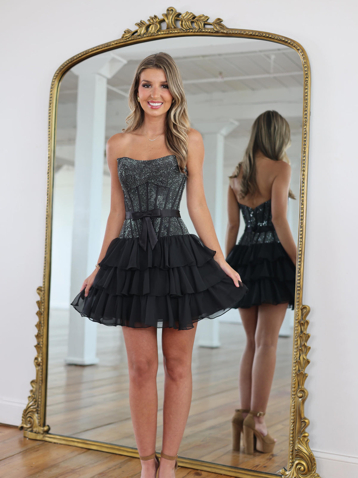 Black rhinestone corset bow waist tiered chiffon mini homecoming dress - side view