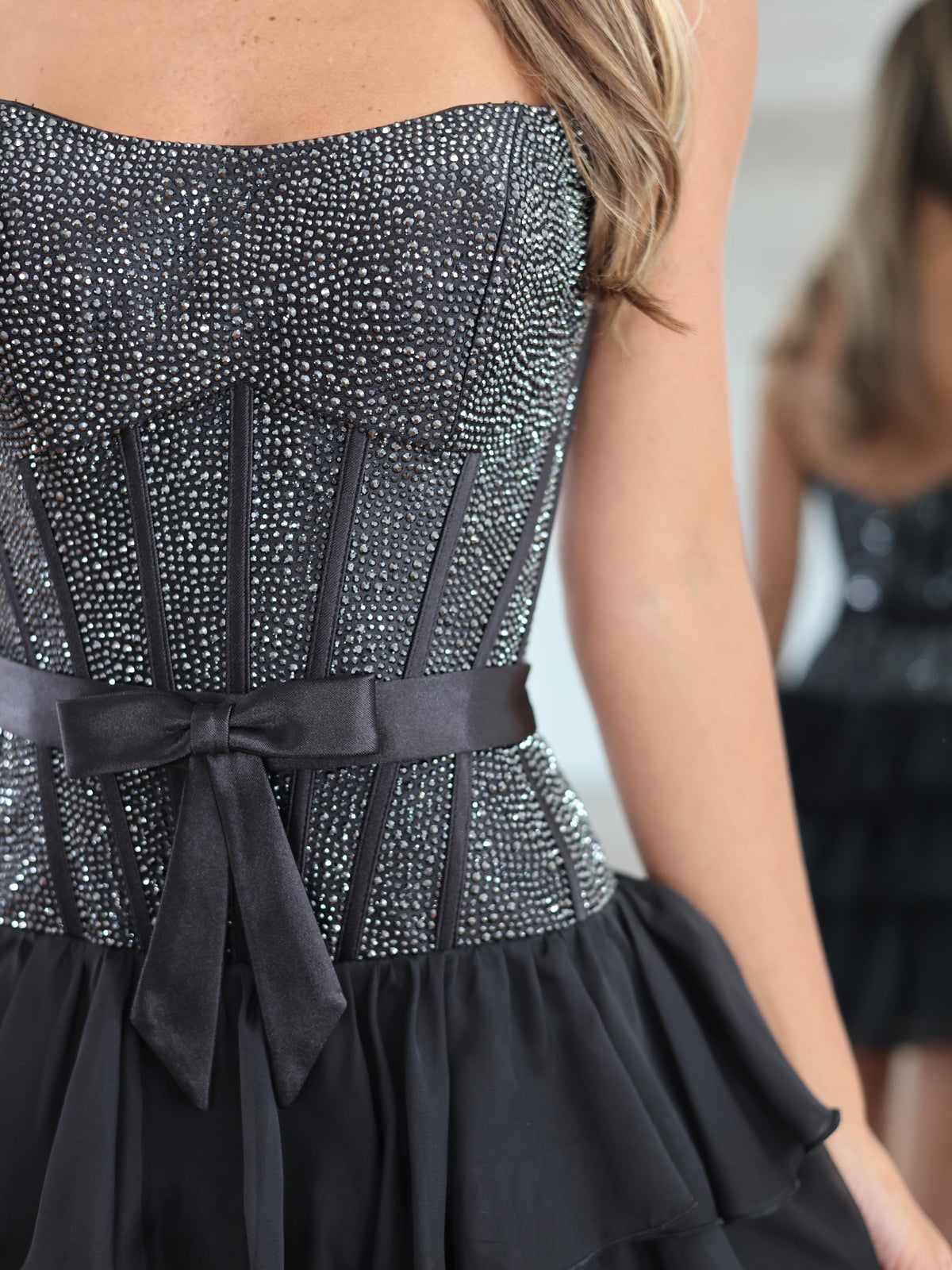 Black rhinestone corset bow waist tiered chiffon mini homecoming dress - bodice rhinestone and boning detail