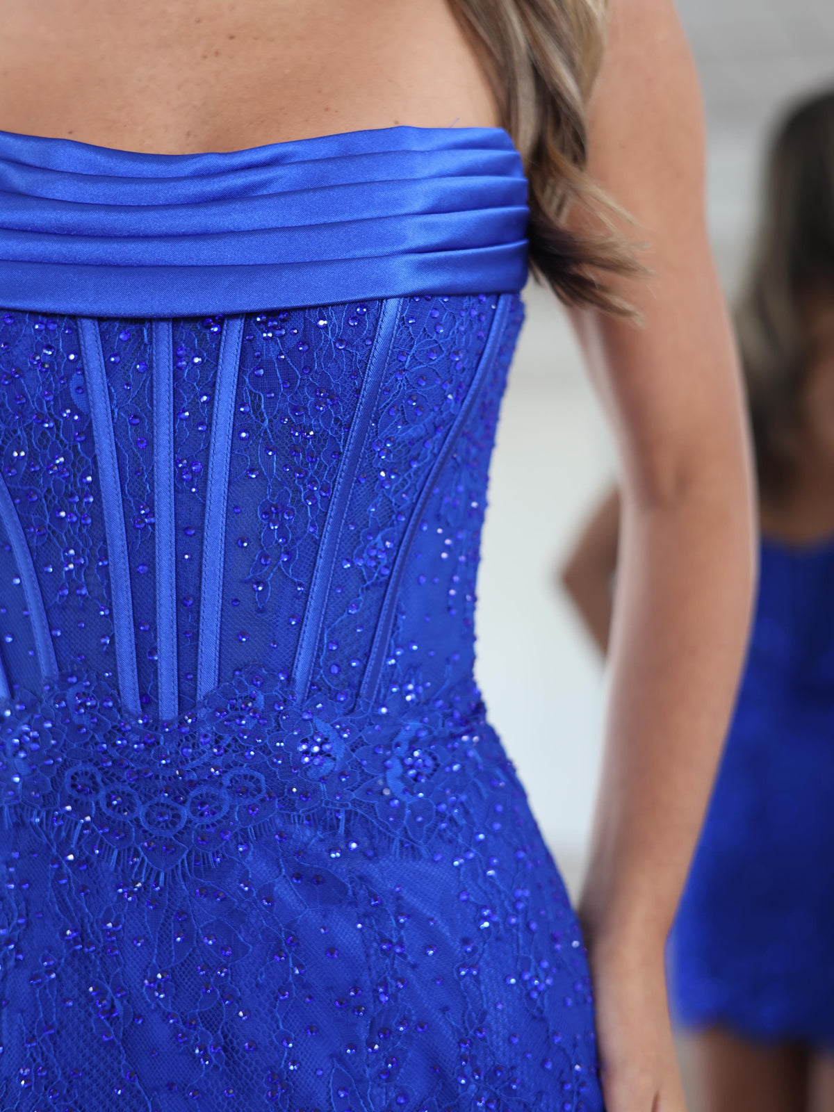 Royal blue glitter lace strapless corset open back mini homecoming dress - bodice corset boning detail